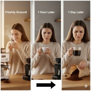 3つのパネルに分かれています。左のパネルでは、挽きたてのコーヒーから立ち上る湯気を笑顔で楽しむ女性が描かれ、隣にはコーヒー粉の山があります。中央のパネルでは、1時間後に香りが薄れたコーヒーを少し困った顔で嗅ぐ女性と、少し色が変わったコーヒー粉が描かれています。右のパネルでは、1日後に酸化が進んでしまい、嫌そうな顔でコーヒーカップを見る女性と、色が変わり固まったコーヒー粉が描かれています。