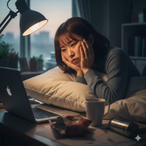 夜にコーヒーを飲んだせいで、寝不足でむくんだ顔で朝を迎える日本人女性。