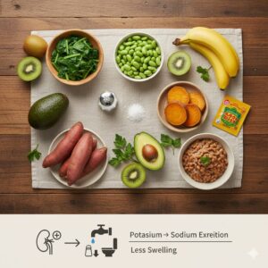 カリウムが豊富な食品（ほうれん草、枝豆、アボカド、バナナ、サツマイモ、納豆、キウイ）と、塩分排出メカニズムを示すイラスト。
