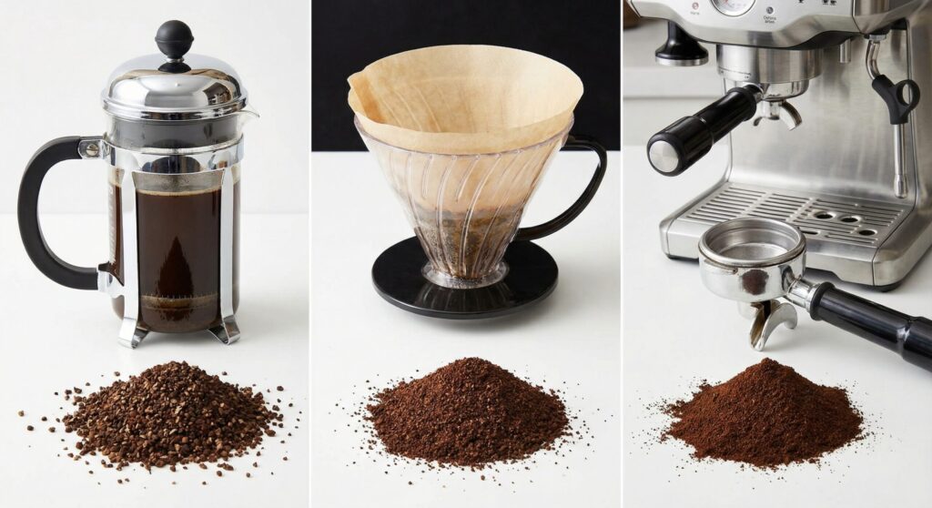 左からフレンチプレスと粗挽き粉、中央にハンドドリップと中挽き粉、右にエスプレッソマシンと細挽き粉が並んでいる比較画像。それぞれの抽出器具に適した粒度が一目でわかる。