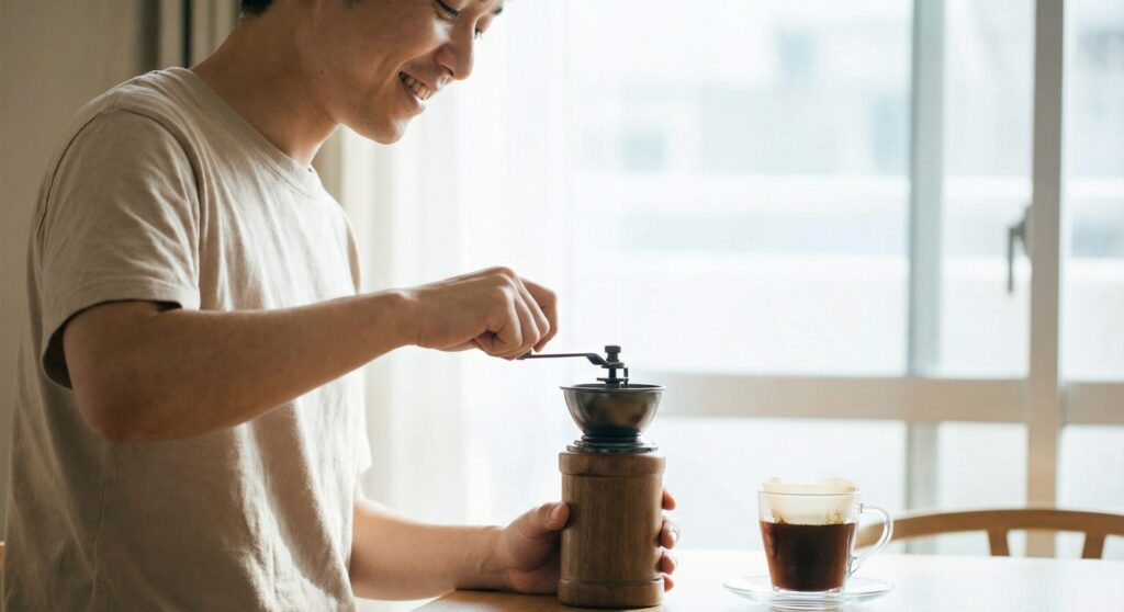 柔らかな自然光が差し込む窓辺で、男性が穏やかな笑顔を浮かべながら手動コーヒーミルをゆっくりと回している写真。傍らにはコーヒーが淹れられたカップがある。