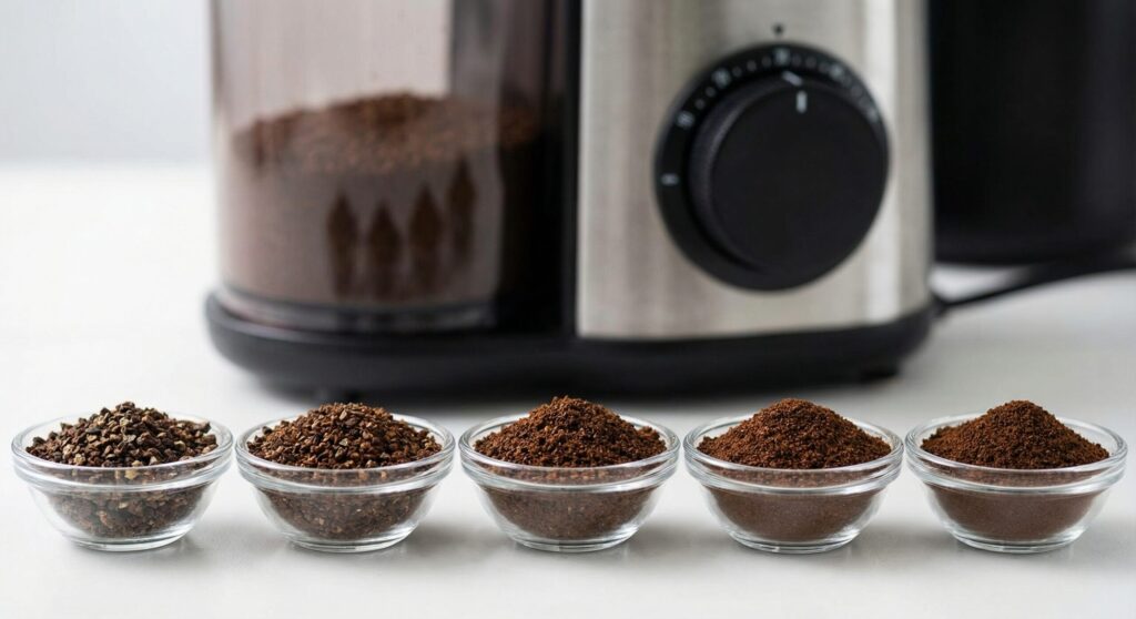 粗挽きから細挽きまで、5段階の異なる粒度のコーヒー粉が小さなガラスボウルに入れられて一列に並んでいる写真。背景には粒度調整ダイヤルが付いた電動コーヒーミルが写っている。