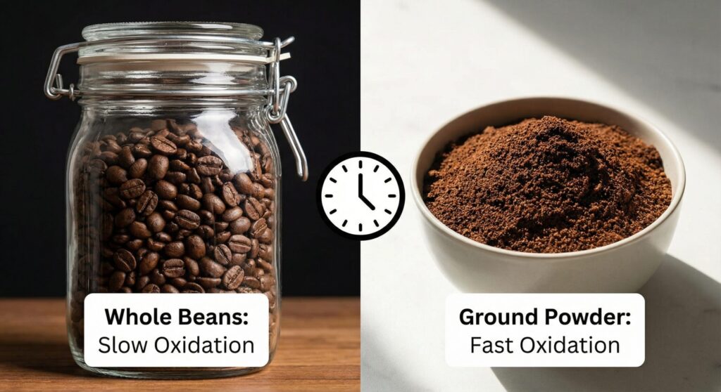 左側の密閉瓶に入ったコーヒー豆（酸化が遅い）と、右側のボウルに入ったコーヒー粉（酸化が早い）を比較した画像。中央の時計アイコンが時間の経過による劣化の違いを示唆している。