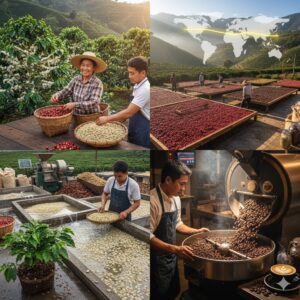 コーヒーチェリーから生豆、そして焙煎されたコーヒー豆へと変化していく過程を示すコラージュ画像。アジア系の農園作業員や焙煎士の姿。