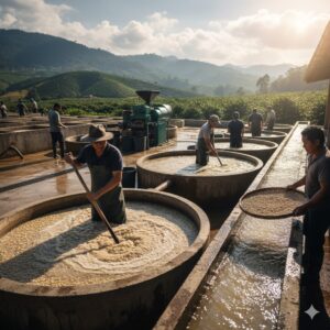 ウォッシュド方式で精製を行うコーヒー農園で、アジア系の作業員が大きな水槽でコーヒー豆を発酵・洗浄している様子。