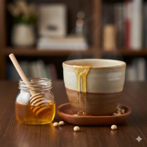 湯気が立つカフェインレスはちみつ豆乳オレのカップから、とろりとはちみつが垂れているクローズアップ。