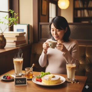 星乃珈琲店の60kcalカフェインレスカフェオレと、パンケーキ、フルーツが並ぶテーブルで微笑む日本人女性。