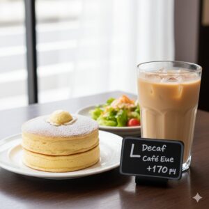 星乃珈琲店のモーニングで提供されるスフレパンケーキとサラダ、そして「L Decaf Café +170円」と書かれた札が添えられたアイスカフェインレスカフェオレ。