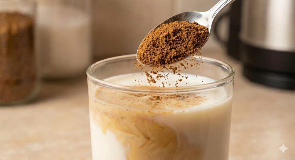 スプーンから、細かい粉末状のスプレードライ製法のインスタントコーヒーを、牛乳が入った透明なグラスに注ぎ入れている様子。粉末が牛乳に溶け始めている。