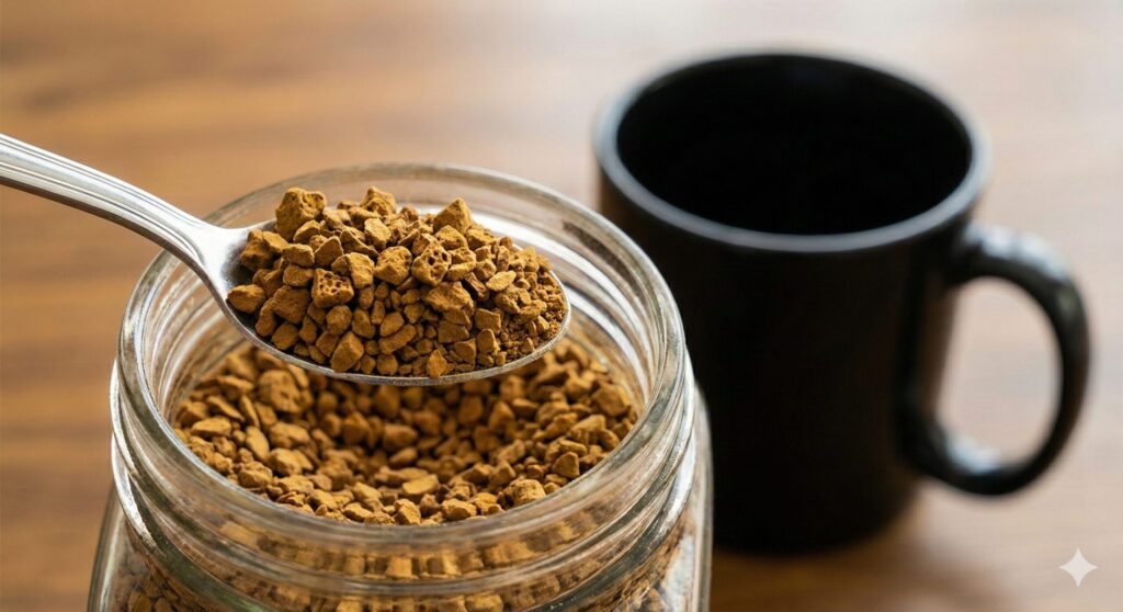 スプーンで、瓶から粒の大きなフリーズドライ製法のインスタントコーヒーをすくい上げているクローズアップ写真。背景には黒いマグカップが写っている。