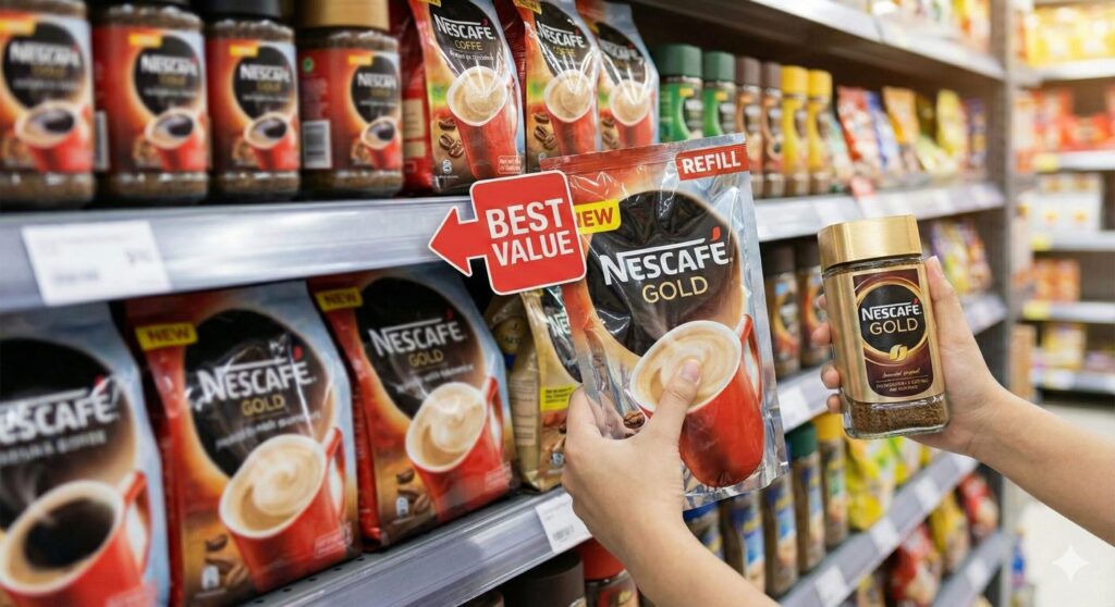 買い物客が、「BEST VALUE」と書かれた赤いポップが付いたインスタントコーヒーの詰め替え用パックと、同じブランドの瓶入り商品を両手に持って比較している様子。