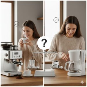 左側には、ミル付きコーヒーメーカーから淹れたてのコーヒーを笑顔で飲んでいる女性が描かれ、その隣にはコーヒーミルと小さな計量器が天秤の左側に載っています。右側には、ミルなしコーヒーメーカーでコーヒーを淹れている笑顔の女性が描かれ、その隣にはコーヒー豆とグラインダーが天秤の右側に載っています。中央には大きな「?」マークの入った天秤が置かれ、どちらが良いかを示唆しています。