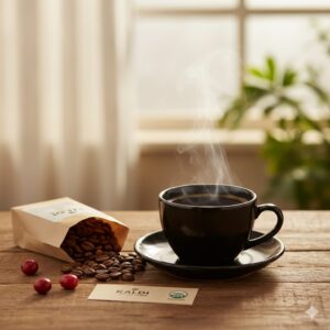 - エチオピアモカデカフェの華やかな香りとフルーティーな酸味を表現したコーヒー豆と淹れたてのカップ。