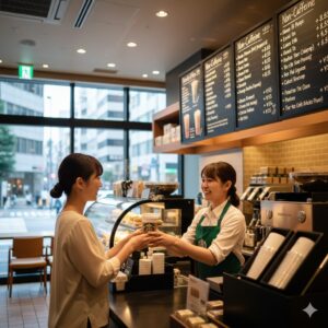 - スターバックス(スタバ)のカウンターで、デカフェカスタマイズが可能なことを示す様子。