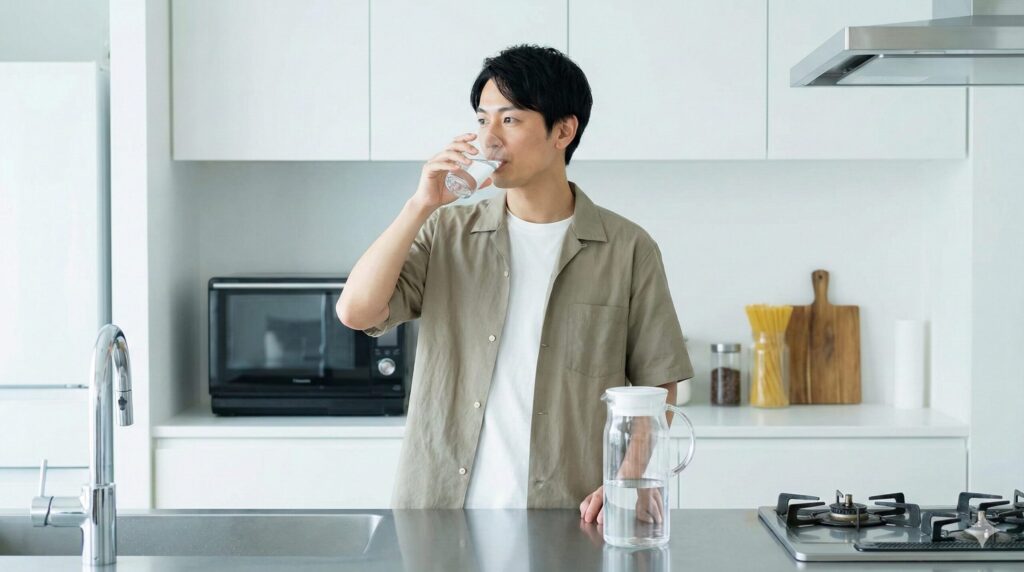コップ一杯の水を手に持ち、水分補給をしてカフェインの排出を促す日本人男性