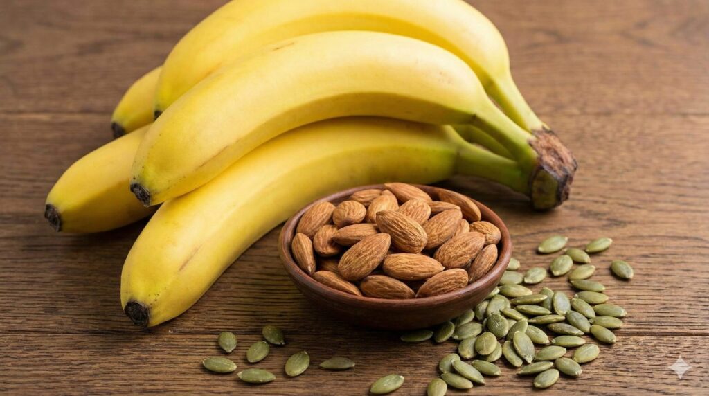 テーブルに置かれたバナナ、アーモンド、カボチャの種、カフェインの作用を和らげる食品の盛り合わせ