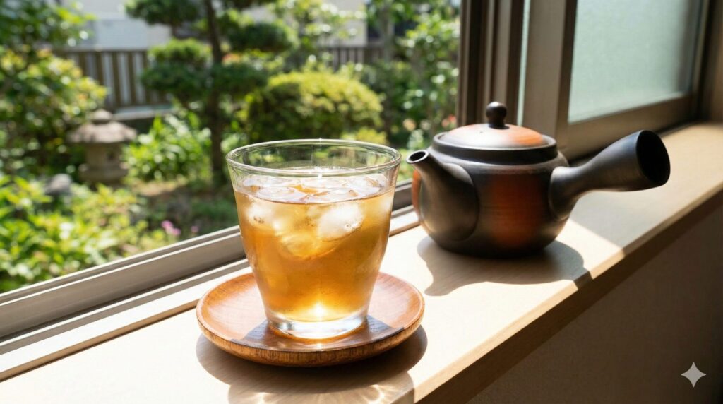 ガラスのコップに注がれた麦茶とポット、カフェインレスでリラックスできる休憩時間の様子