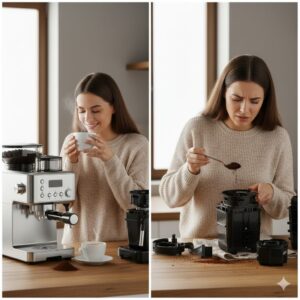 左側には、全自動コーヒーメーカーから淹れたてのコーヒーを笑顔で飲んでいる女性が写っています。右側には、コーヒーメーカーの部品を分解して掃除するのに苦戦している様子の女性が写っており、その手元には飛び散ったコーヒー粉が見えます。