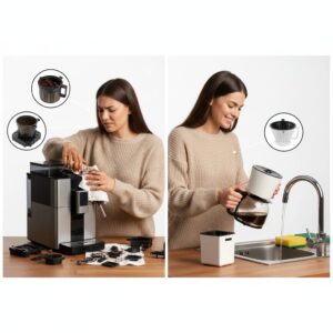 左側には、複雑な構造のコーヒーメーカーの内部を清掃するのに苦労している女性の姿があります。パーツが複数あり、コーヒー粉が飛び散っている様子が描かれています。右側には、シンプルな作りのコーヒーメーカーのパーツをシンクで簡単に水洗いしている女性が笑顔で描かれています。