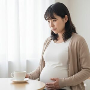 カフェインのリスクを考え、コーヒーを控える妊婦の日本人女性。