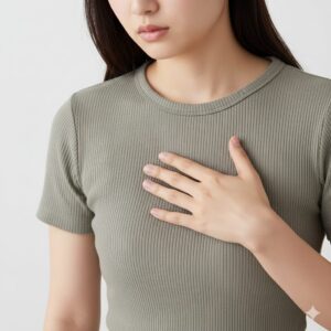 コーヒーの飲み過ぎで動悸を感じ、胸に手を当てる日本人女性。