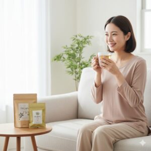 カフェインの減らし方として、デカフェコーヒーを飲んでリラックスする日本人女性。