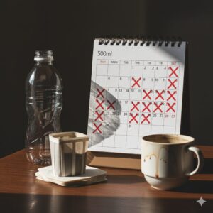 コーヒー500mlを毎日飲む習慣と長期的な健康リスクを象徴するカレンダーと空のボトル。