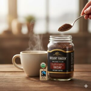 - マウントハーゲンのオーガニックデカフェインスタントコーヒーの瓶と、フリーズドライの顆粒。