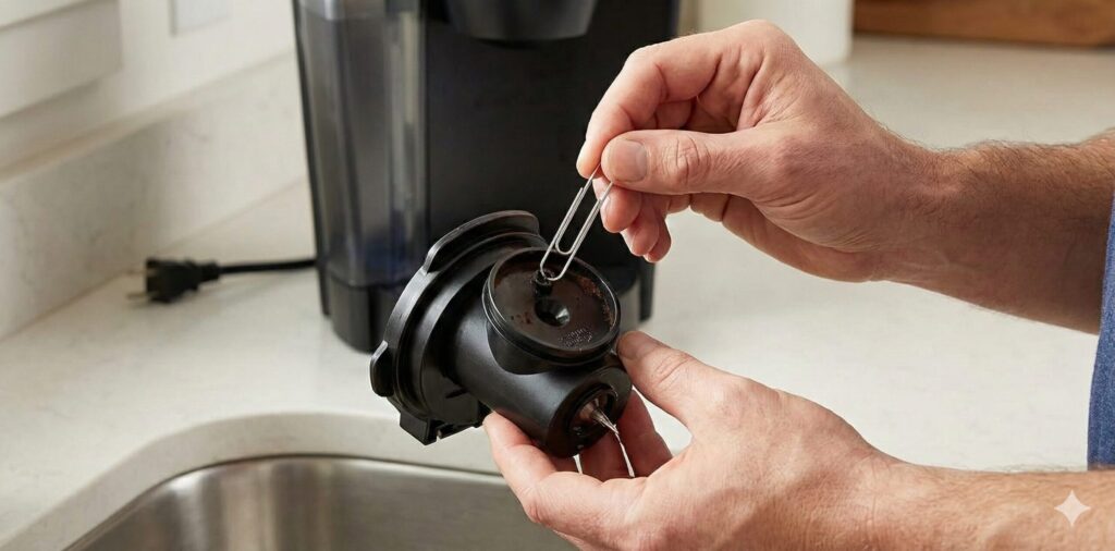 キューリグコーヒーメーカーの部品（K-Cupホルダー）を取り外し、抽出針（ニードル）の穴に詰まったコーヒー粉を、伸ばしたペーパークリップを使って掃除しているメンテナンス作業の様子。