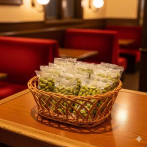 コメダ珈琲店のレジカウンター横に陳列されている持ち帰り用豆菓子のバスケット