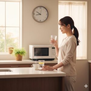 朝の光が差し込むキッチンで、コーヒーを淹れる前に時計を見て、少し待つ日本人女性。隣には水がグラスに入っている。