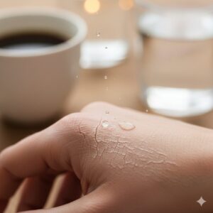 乾燥してひび割れた肌に、小さな水滴がゆっくりと染み込んでいく様子をクローズアップで捉えた画像。