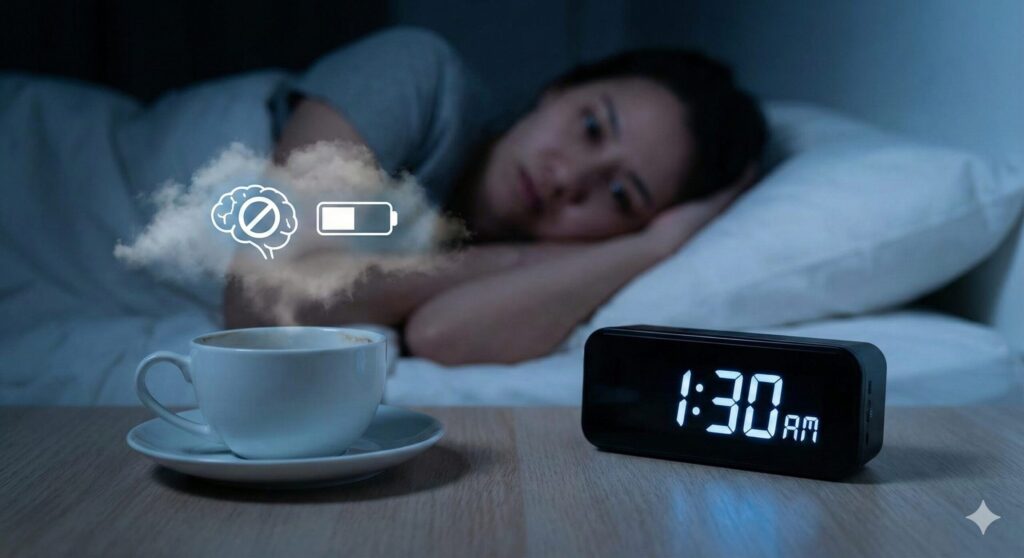 深夜1時半になっても眠れずにいる女性と、ベッドサイドの空のコーヒーカップ。カフェインの摂取により脳が休息モードに入れず、睡眠の質が低下している状態を視覚的に表現したイメージ画像。
