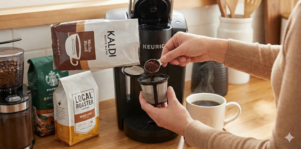 カルディのコーヒー粉をスプーンですくい、キューリグ用の再利用可能フィルター（メッシュカップ）に充填している手元の様子。お気に入りの市販豆を使ってコストを抑える方法を実演。