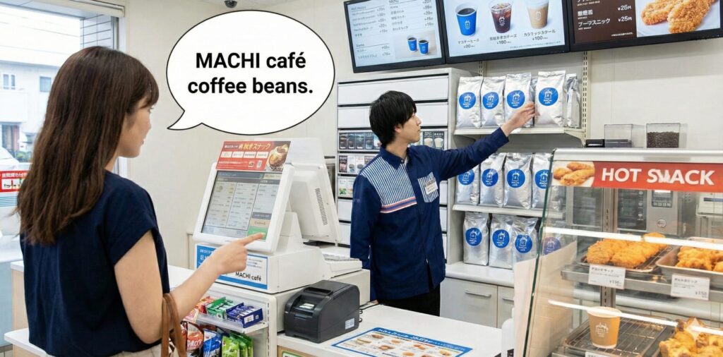 ローソンのレジカウンターで店員にマチカフェのコーヒー豆を注文する女性客の様子。