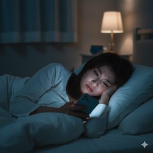 夜、ベッドの中でスマートフォンをいじりながら、眠れずにため息をついている日本人女性。顔には疲労感が漂っている。