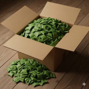 通販で購入したダンボール箱いっぱいに詰まったコメダ珈琲豆菓子(業務用100個入りのイメージ)