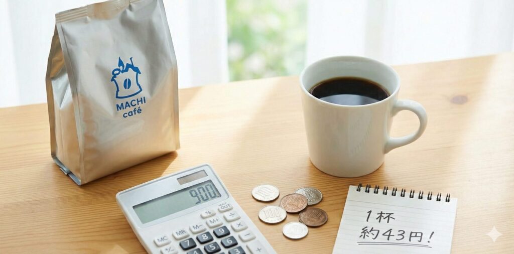 ローソンコーヒー豆のコスパを示す、豆袋、電卓、小銭、そして「1杯約43円」と書かれたメモ。