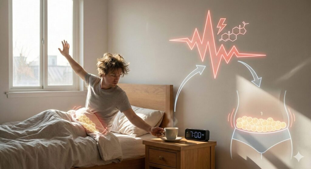 朝7時の起床直後にコーヒーを飲むことが、コルチゾールなどのストレスホルモンの分泌を刺激し、それが腹部の脂肪蓄積につながるという体のメカニズムを視覚化した写真とグラフィックの合成画像。