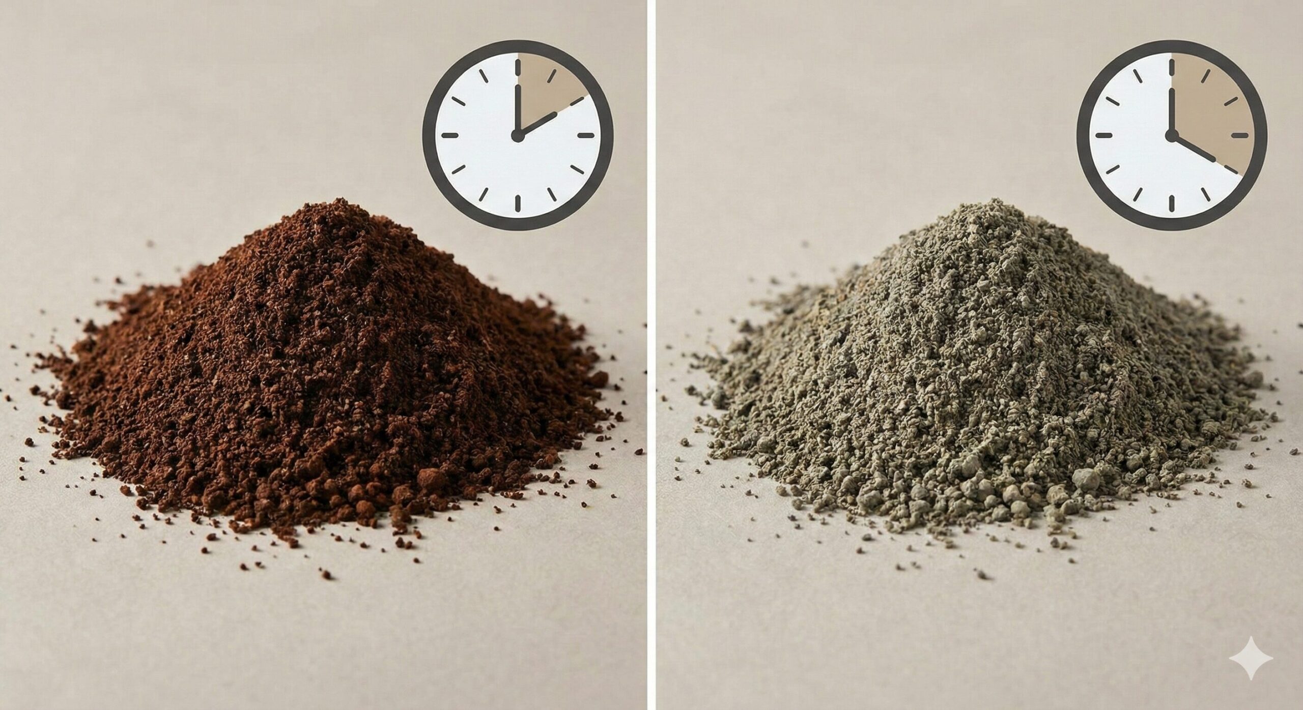 コーヒー粉の鮮度劣化を比較した画像。左側には短い時間を示す時計と新鮮な濃い茶色の粉、右側には長い時間を示す時計と酸化して色が薄く褪せた粉の対比。