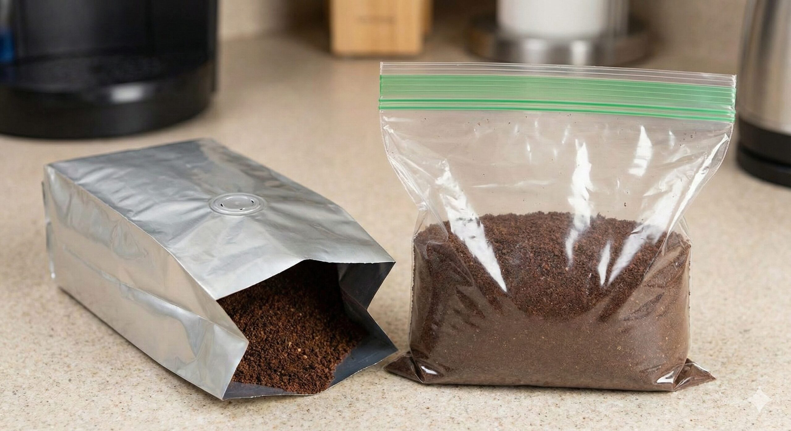 コーヒー豆を挽いたあとの保存に適した、一方向バルブ付きのアルミ蒸着袋と、密閉性の高いジッパー付きプラスチック保存袋が並んでいる様子。