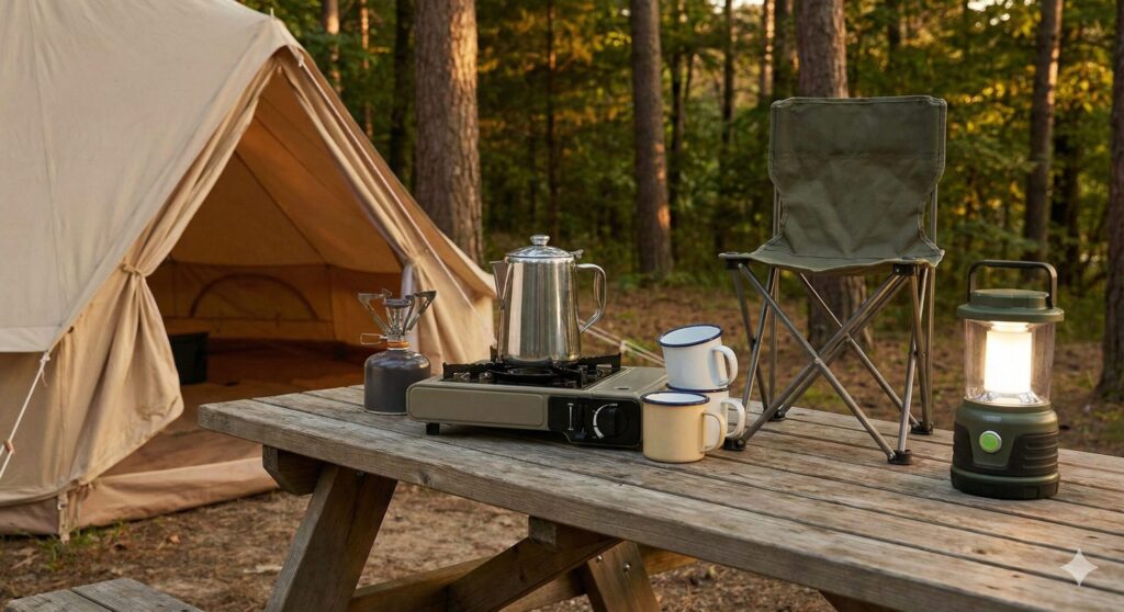 キャンプやアウトドアで使用する割れないステンレス製のコーヒードリッパーと野外でのドリップ風景