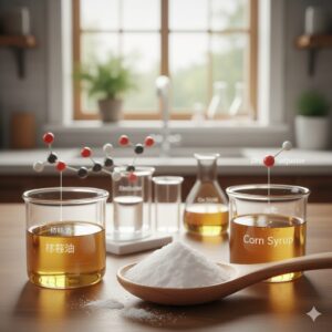 植物性クリーミングパウダーの主原料を視覚化したイメージ。スプーンに乗った白い粉末と、その原料となる植物油およびコーンシロップ(トウモロコシ)。