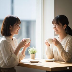 窓から光が差し込む明るいカフェで、笑顔でコーヒーを楽しみながら友人とおしゃべりしている若々しい日本人女性たち。