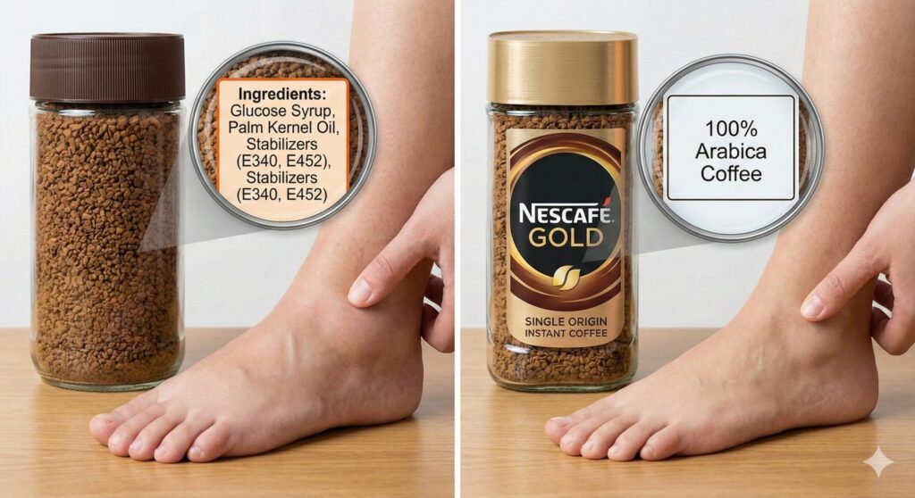 朝の起床直後にコーヒーを飲むことが、ストレスホルモンの急激な分泌を刺激し、結果として腹部に脂肪が蓄積されるまでのメカニズムを説明したインフォグラフィックイラスト。