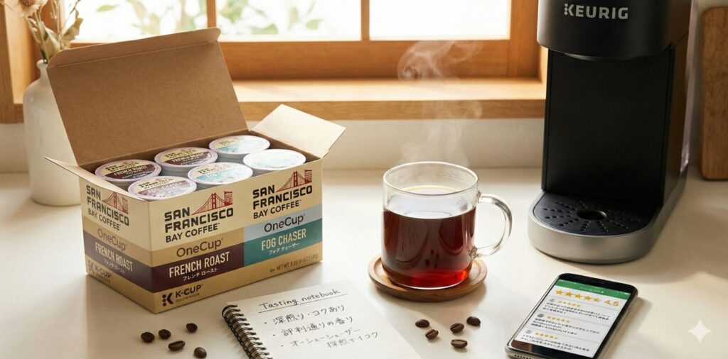 サンフランシスコベイコーヒーのOneCupカプセルと、淹れたてのコーヒー、高評価のレビューが表示されたスマートフォン、味の特徴をメモしたノート。独自のメッシュフィルター構造と評判の良さを表現。