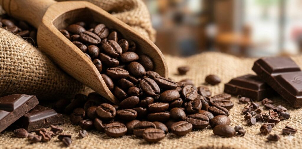 深煎りで油分が浮き出たコーヒー豆と、コクのある味を連想させるチョコレート。