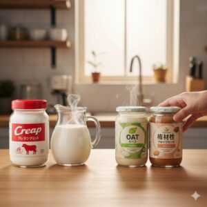 : コーヒーミルクの健康的な代用品。コーヒーと共に、豆乳(大豆)やアーモンドミルク(アーモンド)などの植物性ミルクの素材が並ぶ様子。
画像7