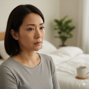 - 疲れていて、顔にたるみや黄ぐすみが見られる日本人女性の顔。目元にはわずかなクマがある。