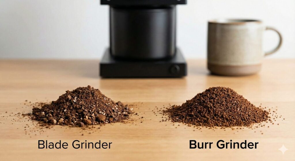 電動コーヒーミルで挽いた粒度が均一なコーヒー粉と、不揃いな粉の比較画像